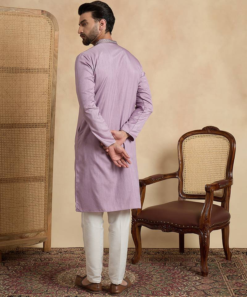 lavender silk blend solid embroidered straight kurta with trouser set 