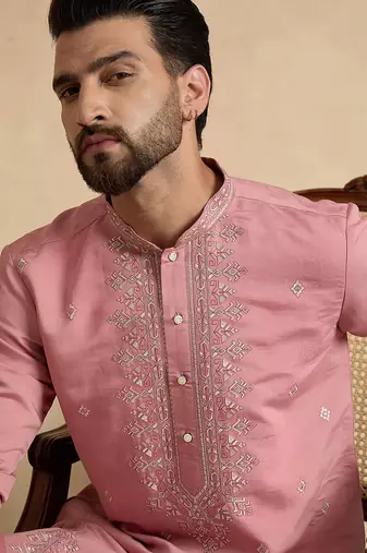 Men's pink silk blend solid embroidered straight kurta with trouser set | ethnic wear for festive & wedding occasions