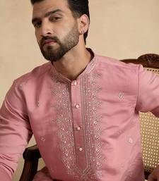 pink silk blend solid embroidered straight kurta with trouser set 