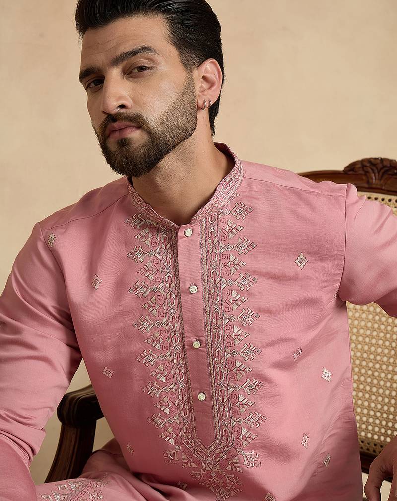 pink silk blend solid embroidered straight kurta with trouser set 