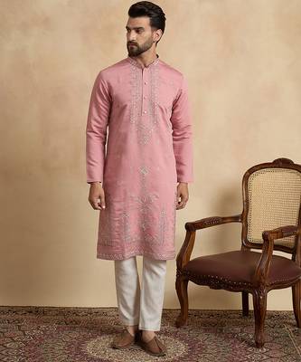 pink silk blend solid embroidered straight kurta with trouser set  1