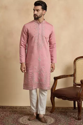 Men's pink silk blend solid embroidered straight kurta with trouser set | ethnic wear for festive & wedding occasions