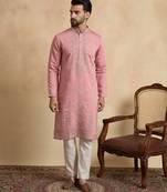 pink silk blend solid embroidered straight kurta with trouser set 