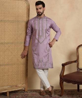 lavender silk blend solid embroidered straight kurta with trouser set  5