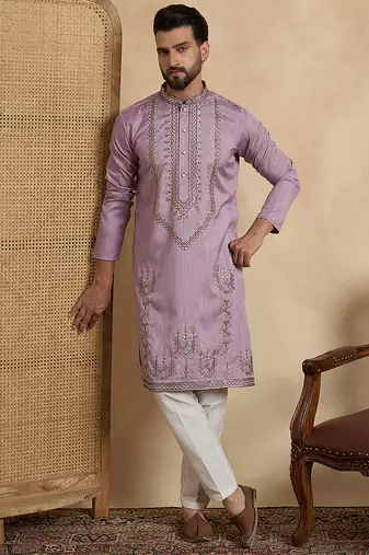 lavender silk blend solid embroidered straight kurta with trouser set 