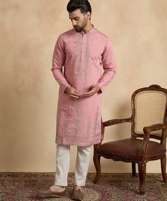 pink silk blend solid embroidered straight kurta with trouser set  3