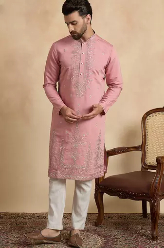 Men's pink silk blend solid embroidered straight kurta with trouser set | ethnic wear for festive & wedding occasions