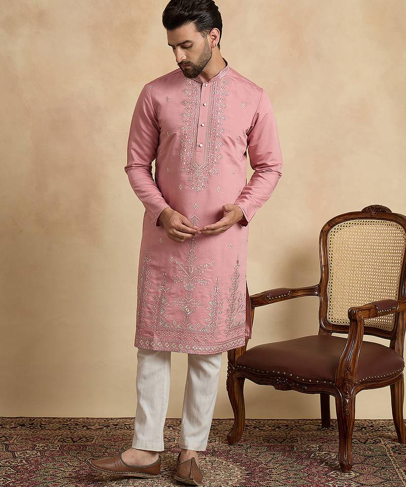 pink silk blend solid embroidered straight kurta with trouser set 