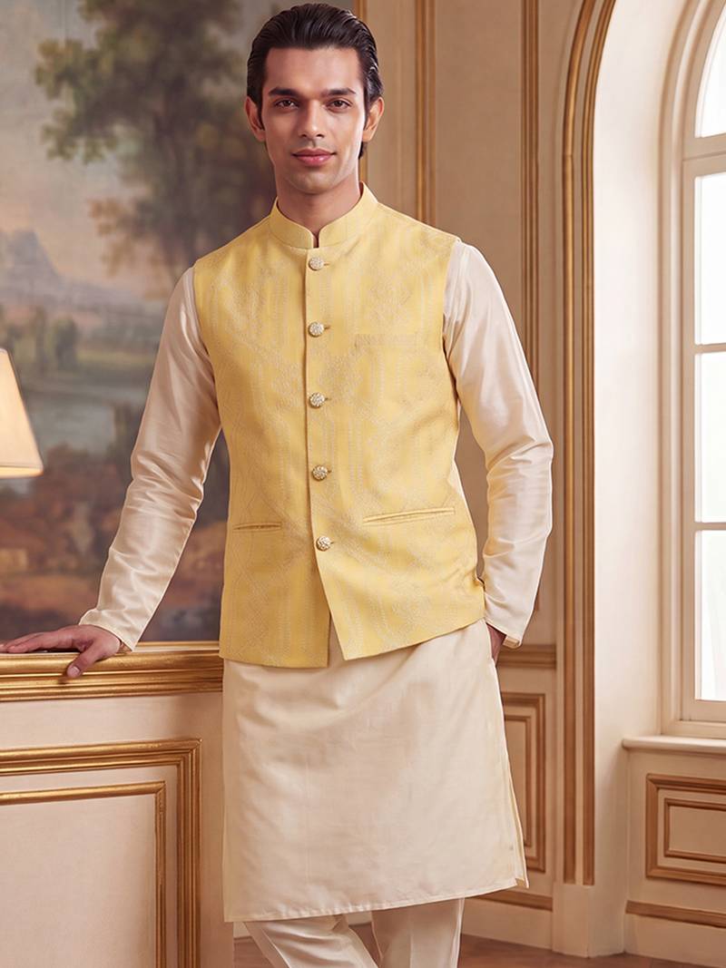 yellow jacquard woven design koti 