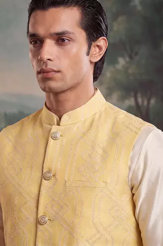yellow jacquard woven design koti 