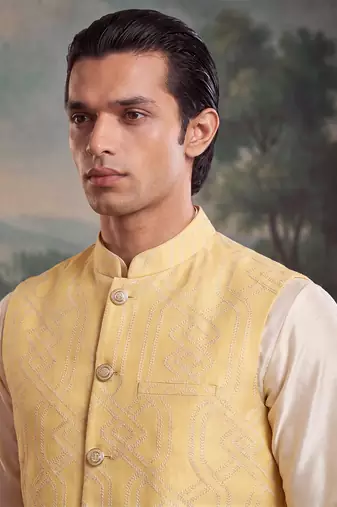 yellow jacquard woven design koti 