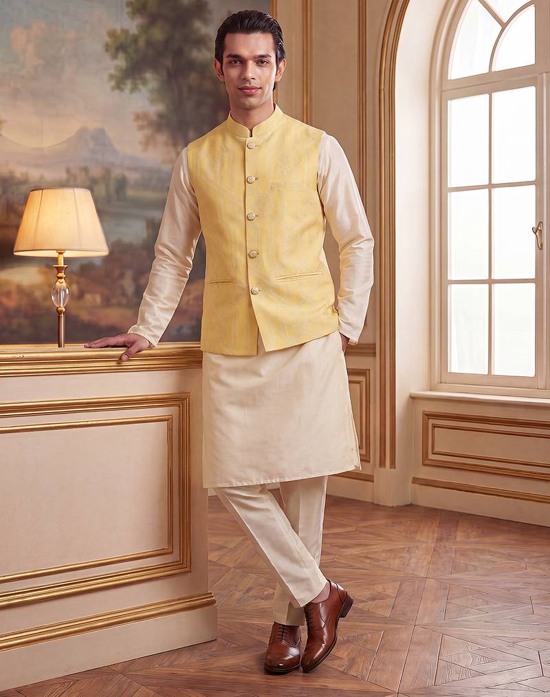 yellow jacquard woven design koti 