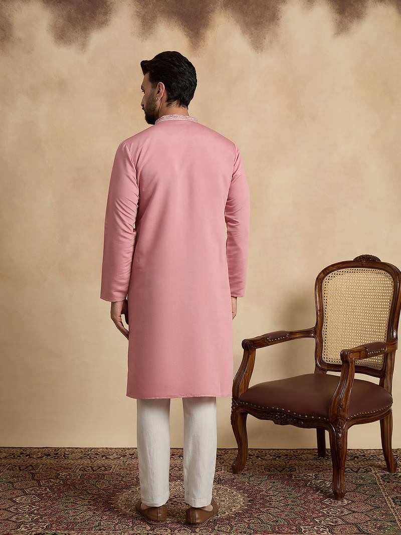 pink silk blend solid embroidered straight kurta with trouser set 