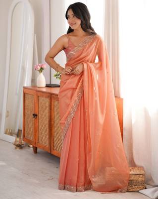 Peach tissue satin embroidered saree with unstitched blouse piece. 2