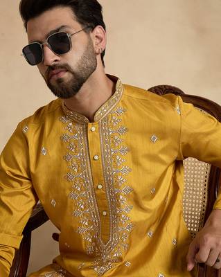 yellow silk blend solid embroidered straight kurta with trouser set  1