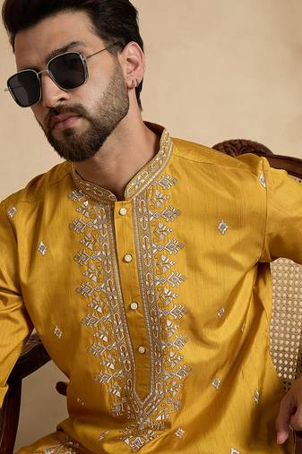 yellow silk blend solid embroidered straight kurta with trouser set 