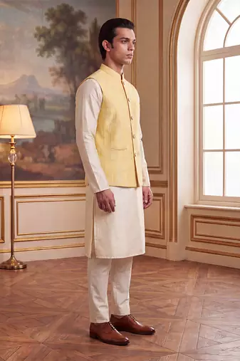 yellow jacquard woven design koti 
