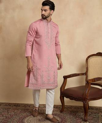 pink silk blend solid embroidered straight kurta with trouser set  5