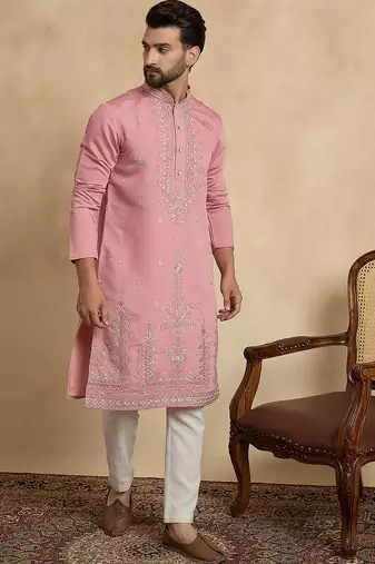 Men's pink silk blend solid embroidered straight kurta with trouser set | ethnic wear for festive & wedding occasions