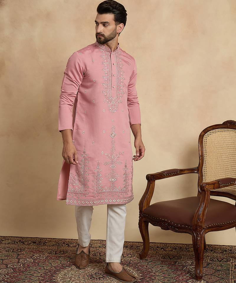 pink silk blend solid embroidered straight kurta with trouser set 