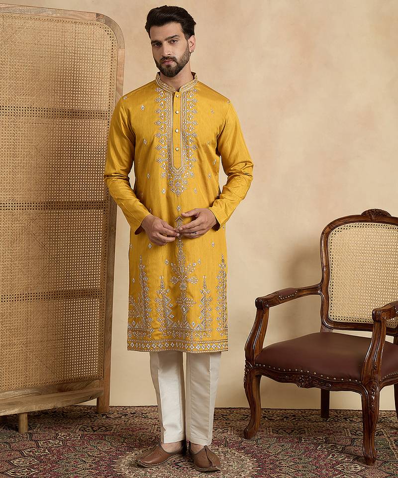 yellow silk blend solid embroidered straight kurta with trouser set 