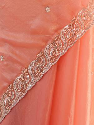 Peach tissue satin embroidered saree with unstitched blouse piece. 3
