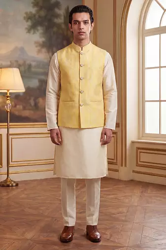 yellow jacquard woven design koti 