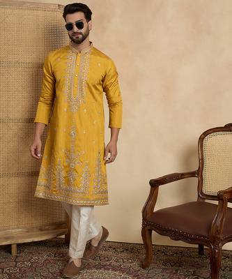 yellow silk blend solid embroidered straight kurta with trouser set  3