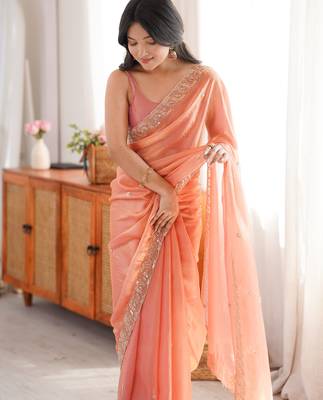 Peach tissue satin embroidered saree with unstitched blouse piece. 5