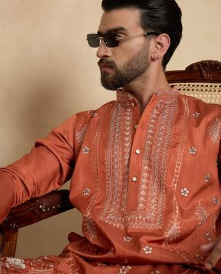 orange silk blend solid embroidered straight kurta with trouser set  2