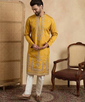 yellow silk blend solid embroidered straight kurta with trouser set  5