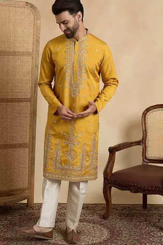 Men's yellow silk blend solid embroidered straight kurta with trouser set | ethnic wear for festive & wedding occasions