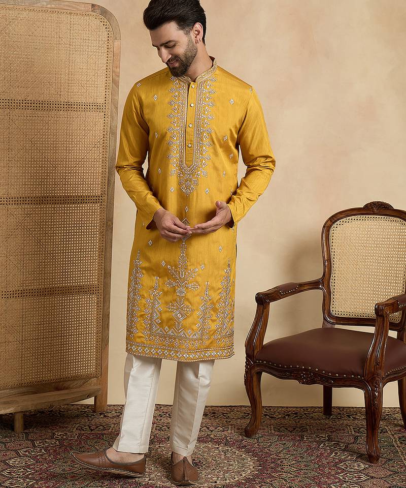 yellow silk blend solid embroidered straight kurta with trouser set 