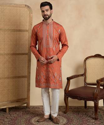 orange silk blend solid embroidered straight kurta with trouser set  1
