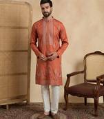 orange silk blend solid embroidered straight kurta with trouser set 