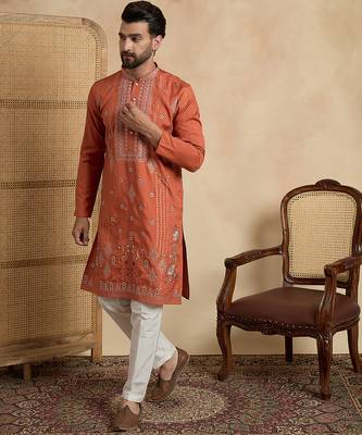 orange silk blend solid embroidered straight kurta with trouser set  3