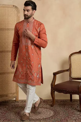 orange silk blend solid embroidered straight kurta with trouser set 