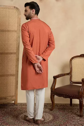orange silk blend solid embroidered straight kurta with trouser set 