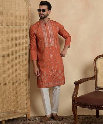orange silk blend solid embroidered straight kurta with trouser set  5