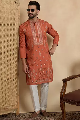 orange silk blend solid embroidered straight kurta with trouser set 