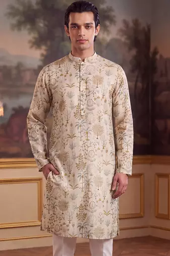 off white linen blend ethnic motifs printed kurta 