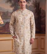 off white linen blend ethnic motifs printed kurta 