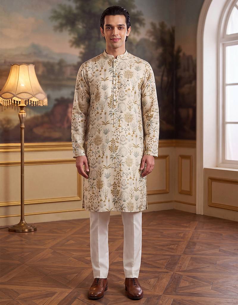 off white linen blend ethnic motifs printed kurta 