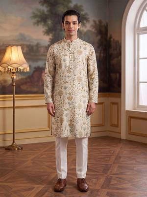 off white linen blend ethnic motifs printed kurta  2