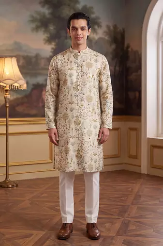 off white linen blend ethnic motifs printed kurta 