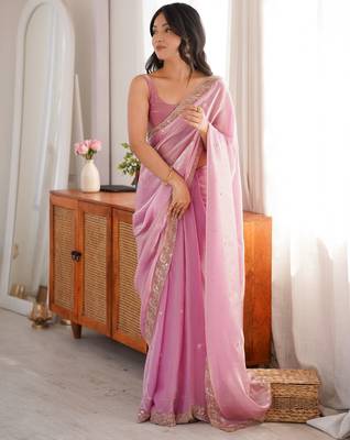 Pink tissue satin embroidered saree with unstitched blouse piece. 4