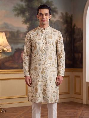 off white linen blend ethnic motifs printed kurta  3