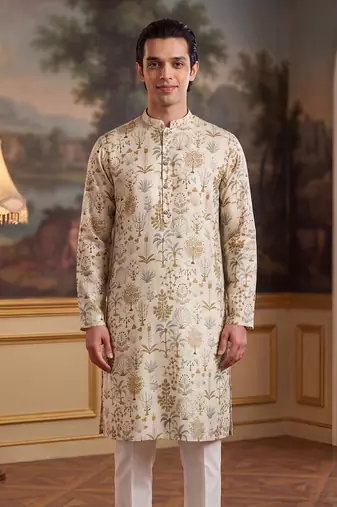 off white linen blend ethnic motifs printed kurta 