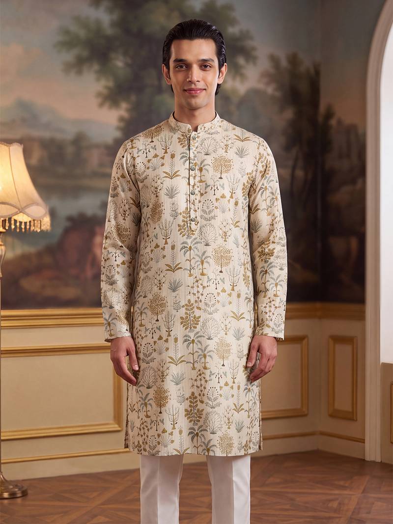 off white linen blend ethnic motifs printed kurta 