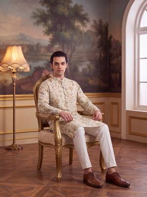 off white linen blend ethnic motifs printed kurta  5